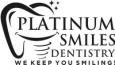 the logo for platinum smiles dentistry is black and white and says `` we keep you smiling '' .