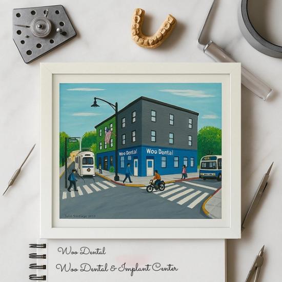 a framed painting of a dental office on the corner of a street .