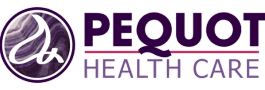 Pequot Health Care logo with a purple and white abstract emblem and purple text.