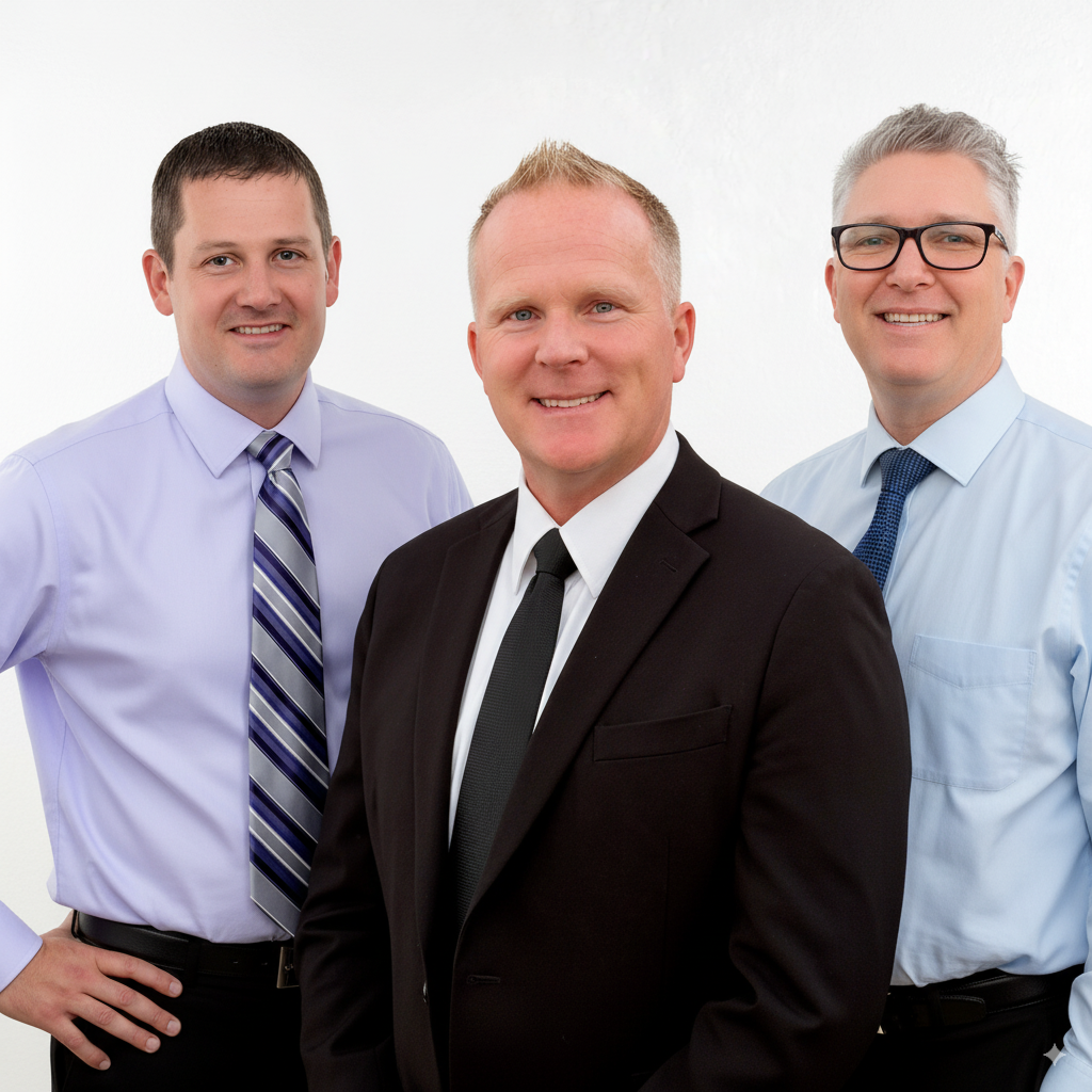 three men in suits and ties are posing for a picture