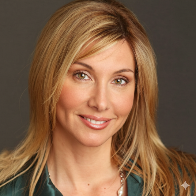 a woman wearing a green shirt and a pearl necklace smiles for the camera