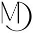 a white letter m and d in a circle on a black background .