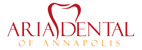 a logo for aria dental of annapolis with a red tooth