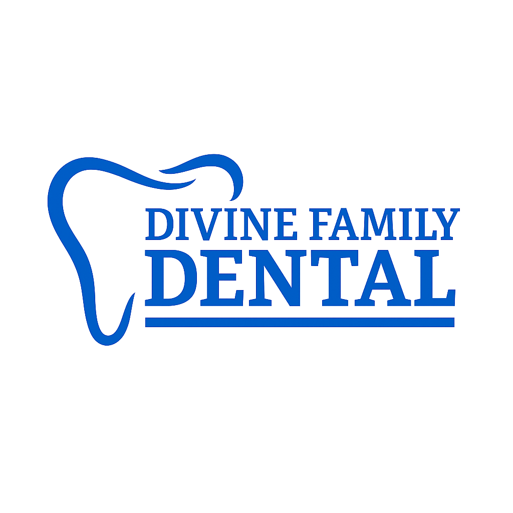 a logo for divine family dental with a blue tooth