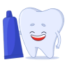 A happy cartoon tooth holding a blue tube of toothpaste.