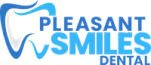 a blue and white logo for pleasant smiles dental