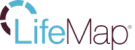 the word lifemap is written in blue and red on a black background