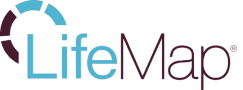the word lifemap is written in blue and red on a black background