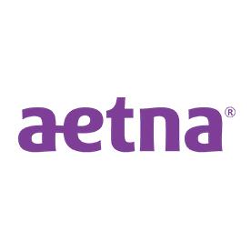 the aetna logo is purple and white on a white background .