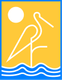 a blue and yellow logo with a bird and waves
