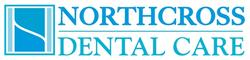 the logo for northcross dental care is blue and white .