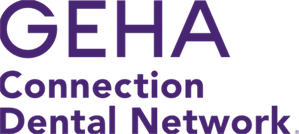 purple text that says geha connection dental network on a black background