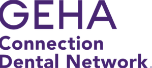 purple text that says geha connection dental network on a black background