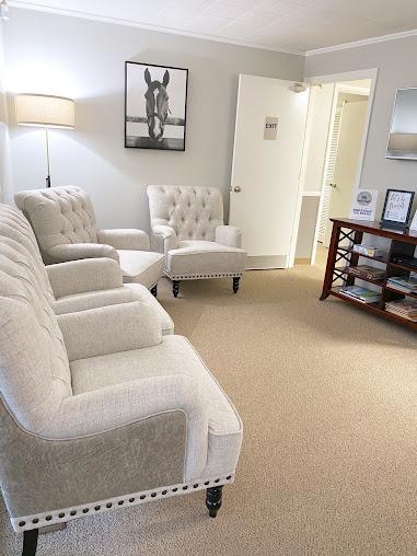 a waiting room with chairs and a picture of a horse on the wall .