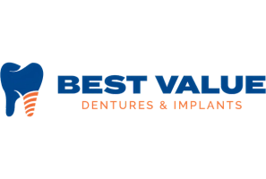 a blue and orange logo for best value dentures and implants