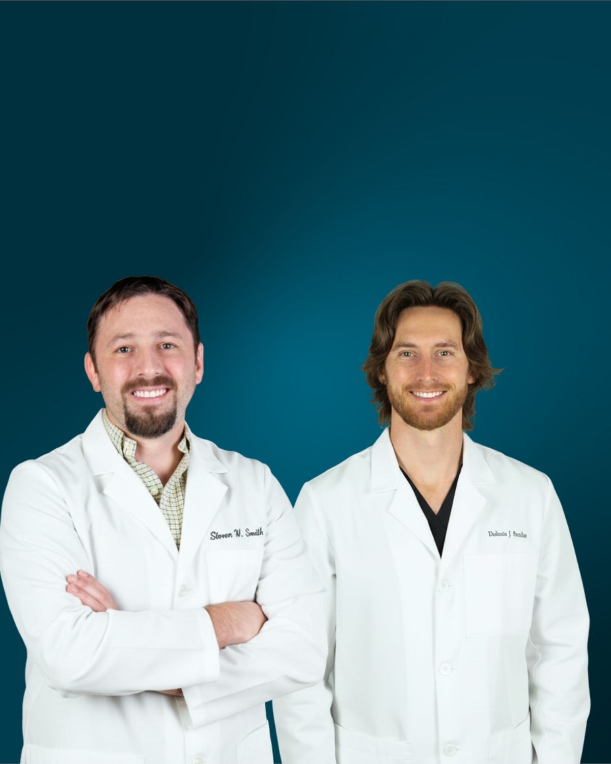 Two smiling men, Steven W. Smith and Dakota J. Smith, in white lab coats.
