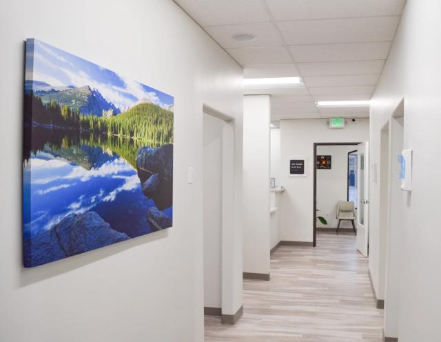 a hallway with a painting of a lake and mountains on the wall .