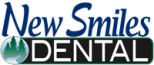 a logo for new smiles dental with a river and trees