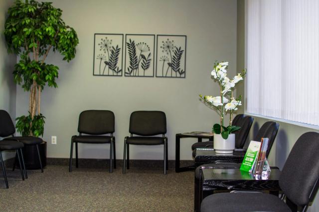 a waiting room with chairs , tables and a plant .