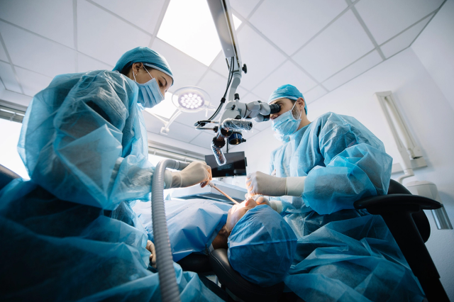 two surgeons are working on a patient in an operating room