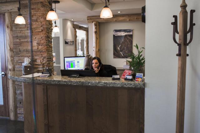 a woman is sitting at a reception desk in a dental office .