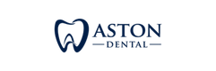 a blue aston dental logo on a black background