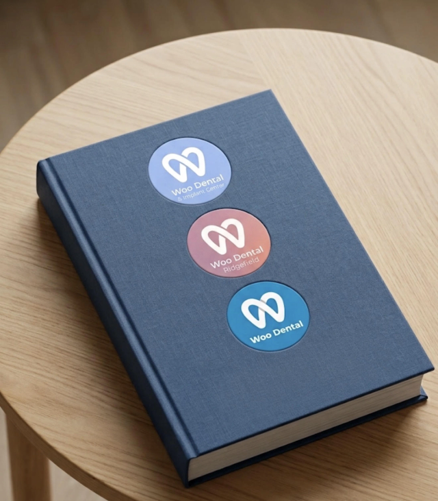 Three circular stickers featuring a white "W" logo and "Woo Dental" in varying colors on a dark blue book, resting on a wooden table.