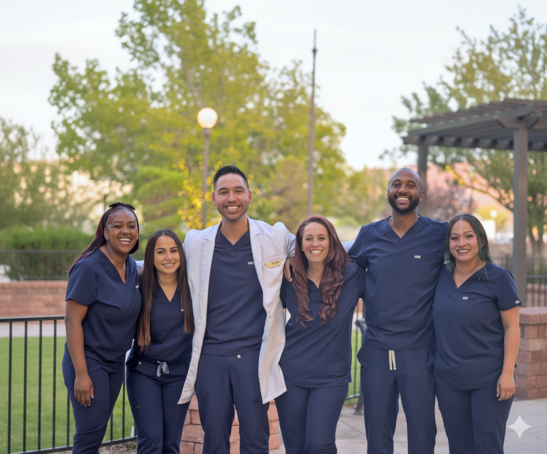a group of nurses are posing for a picture with one wearing a lab coat that says ucsd