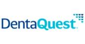the logo for dentaquest is blue and white on a white background .