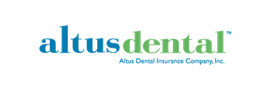 a blue and green altusdental logo on a black background