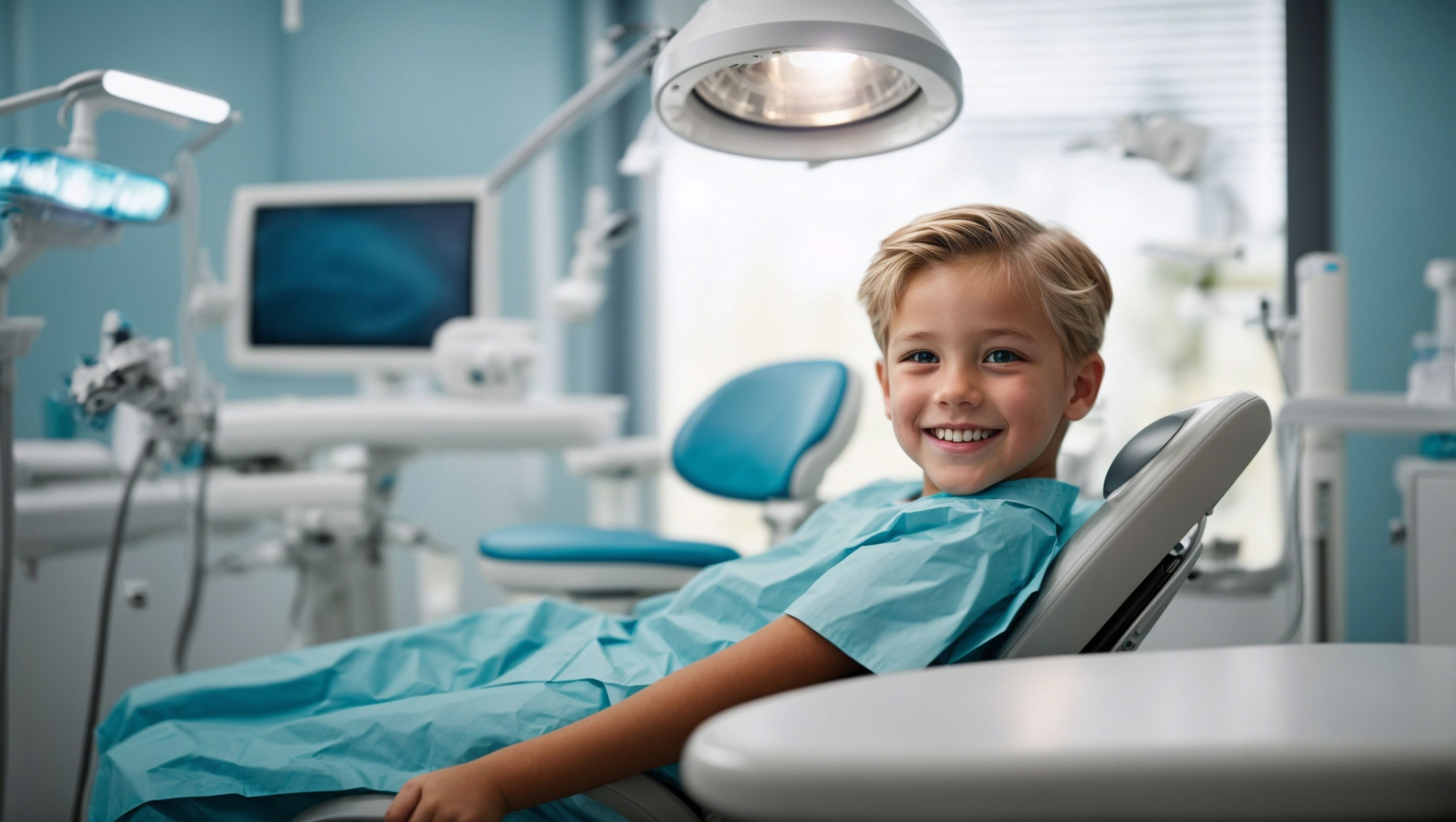 a young boy is sitting in a dental chair and smiling .
