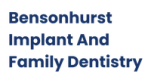 bensonhurst implant and family dentistry is written in blue on a black background