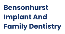 bensonhurst implant and family dentistry is written in blue on a black background