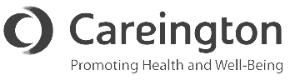 a black and white logo for careington promoting health and well-being