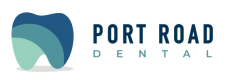 a blue and white logo for port road dental