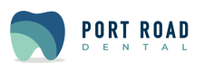 a blue and white logo for port road dental