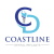 a blue and white logo for coastline on a black background