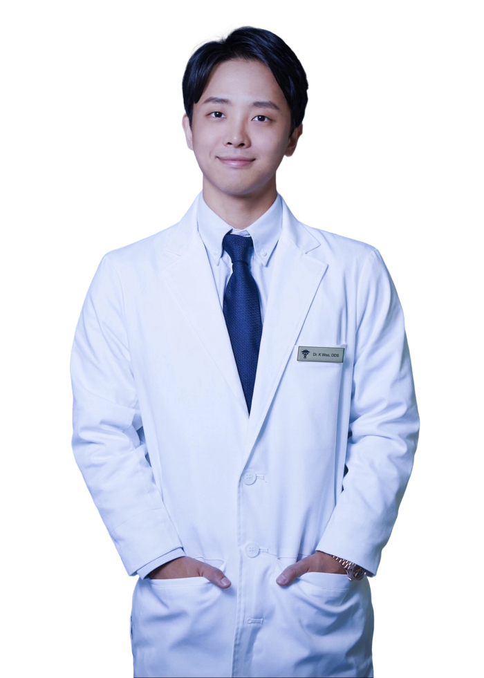 a young man wearing a white coat and tie has a name tag that says dr. hong chen