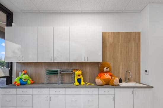 a teddy bear is sitting on a counter in a kitchen next to a sink .