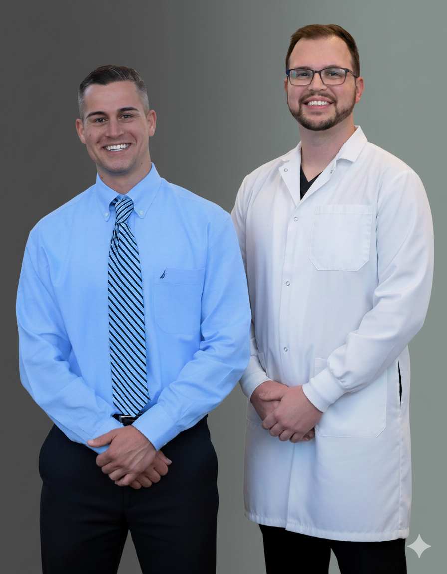 Two smiling men, one in a blue shirt and tie, the other in a white lab coat.