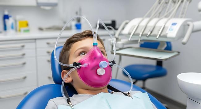 A young boy lies in a dental chair wearing a pink sedation mask.