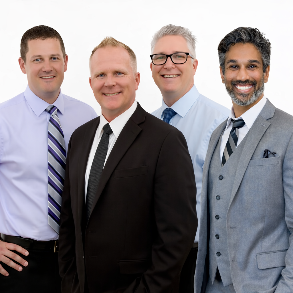 Four smiling men in professional attire.
