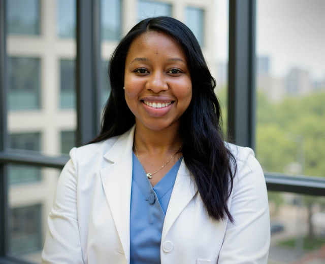 Smiling woman in a white lab coat and blue scrubs by a window.
