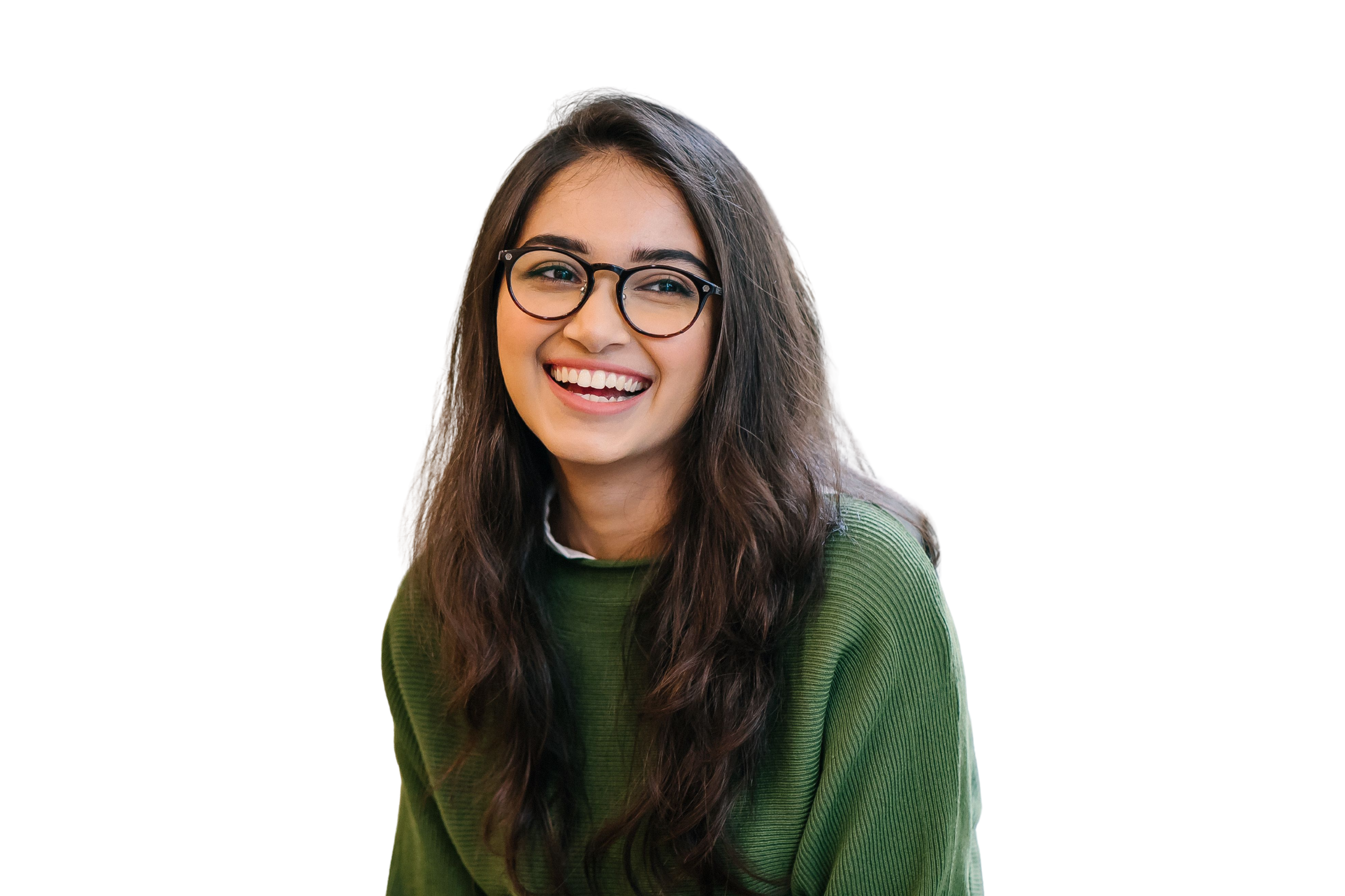 a woman wearing glasses and a green sweater is smiling