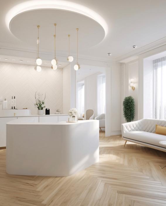 a living room with a white couch and a white counter