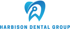 a logo for harrison dental group with a blue tooth
