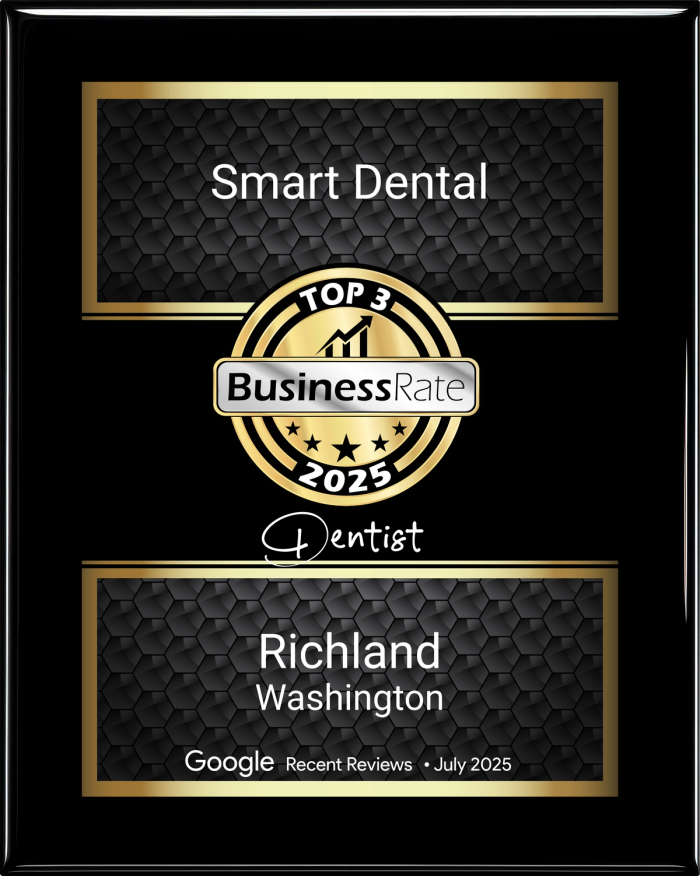 Smart Dental, Richland Washington, awarded Top 3 Dentist by BusinessRate 2025 based on Google Reviews.