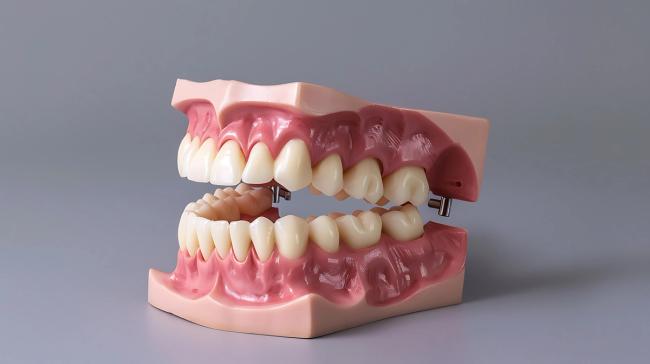 a model of a person 's teeth and gums on a gray background .