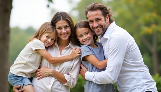 A happy family of four, consisting of two parents and two young daughters, smiling and hugging outdoors.