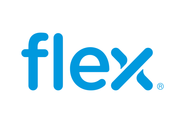 a blue flex logo on a black background